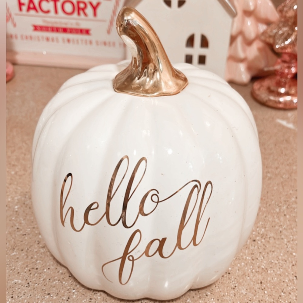 White & gold “hello fall” ceramic pumpkin